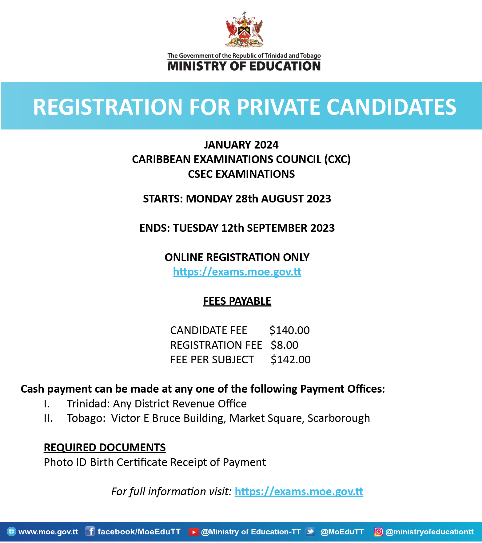 Registration For Private Candidates Jaunary 2024 Fees Payable   Registration January 2024 